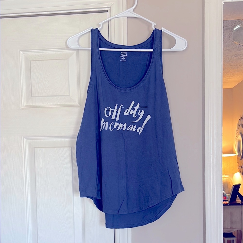 Old Navy Blue Tank Top with 'Off Duty Mermaid' Print Size Medium Relaxed Fit